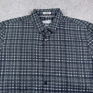 Calvin Klein Shirt Mens Small Grey Checkered Slim Fit Cotton Button Up